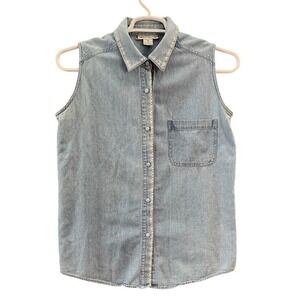 Reed Hunter Womens Blue Denim Sleeveless Button Up Shirt Embroidered Trim Size M